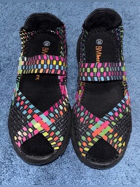 bernie mev. Black Sandals with Neon Multi-Color Woven Straps
